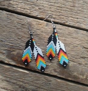Flat beaded double feather earrings
